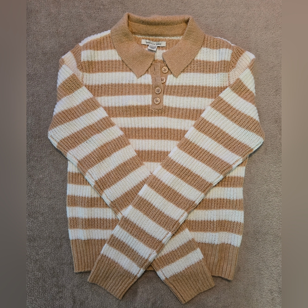 NWT American Eagle Collared Sweater With Tan And White Stripes, Size XS
